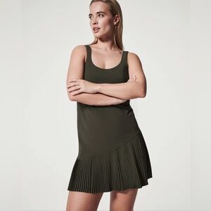 Spanx “Yes, Pleats! Dress” Activewear w/ Built-in Smoothing Bodysuit Green Sz L